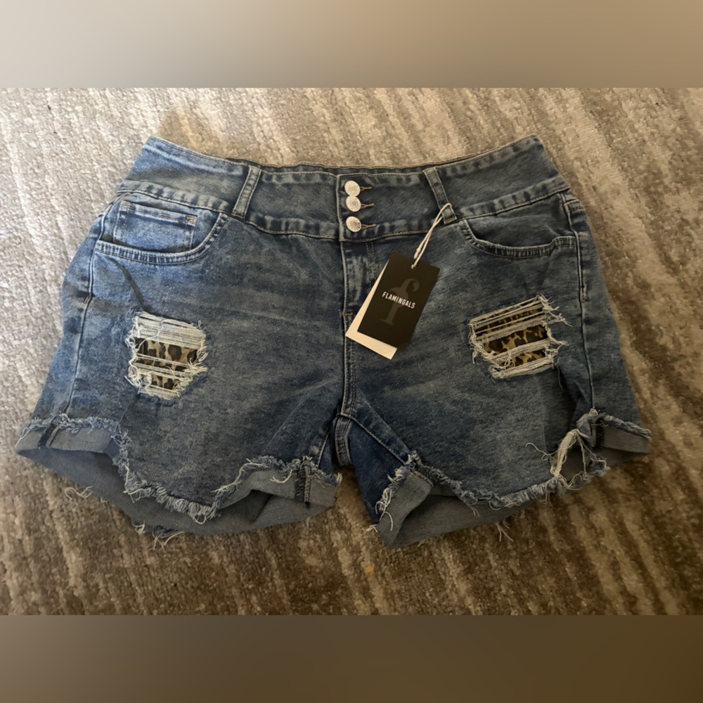 Flamingals High-Rise Distressed Jean Shorts - Blue with Leopard XXL NWT
